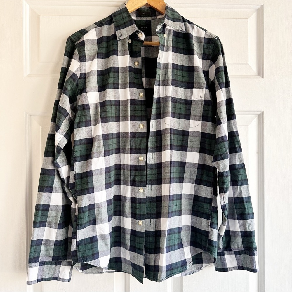 J. Crew Slim Broken-in cotton oxford‎ shirt green plaid small